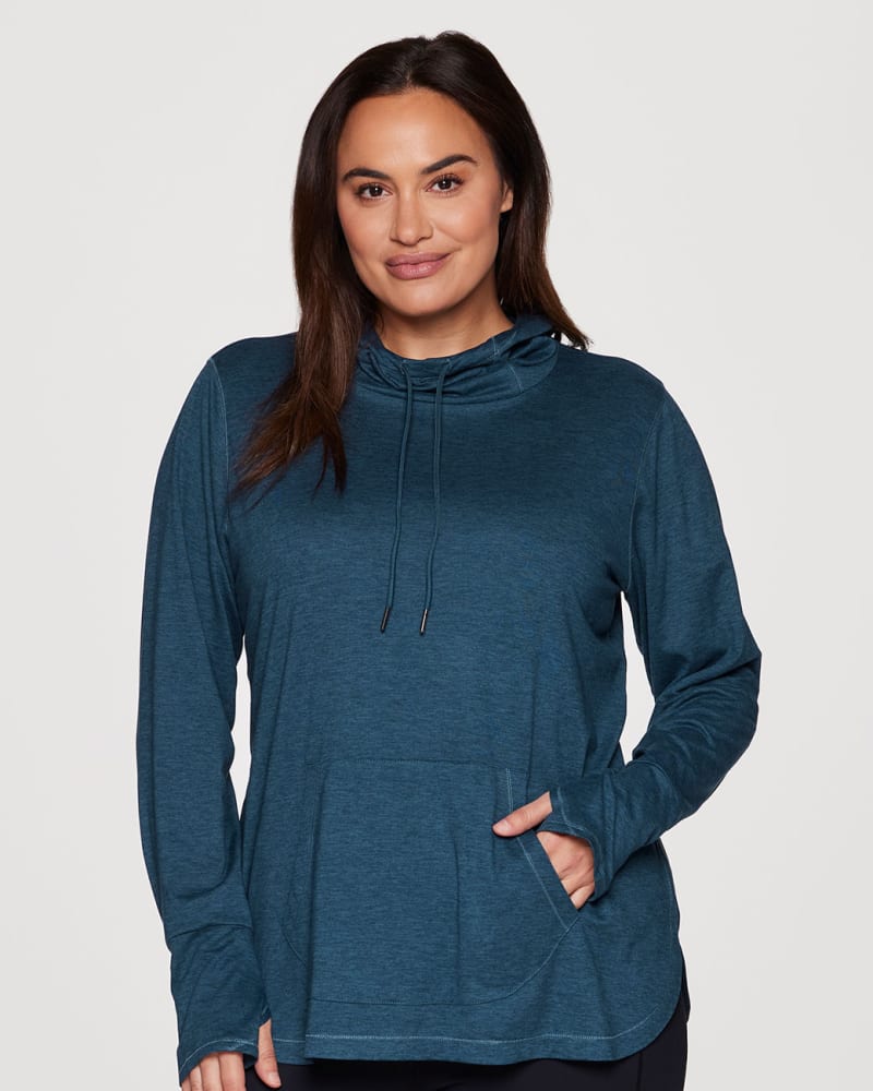 Front of a model wearing a size 3X Plus Studio Breathe Super Soft Hoodie Tunic in Dark Teal by RBX Active. | dia_product_style_image_id:316196